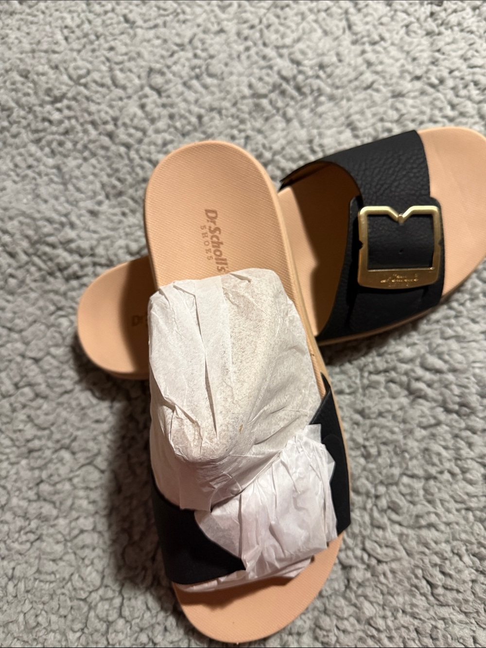 Dr. Scholl's Black Slide Sandals with Gold Buckle and Nude Footbed